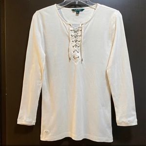 Lauren Ralph Lauren - Cream Lace Up Stretch Long Sleeve Top
